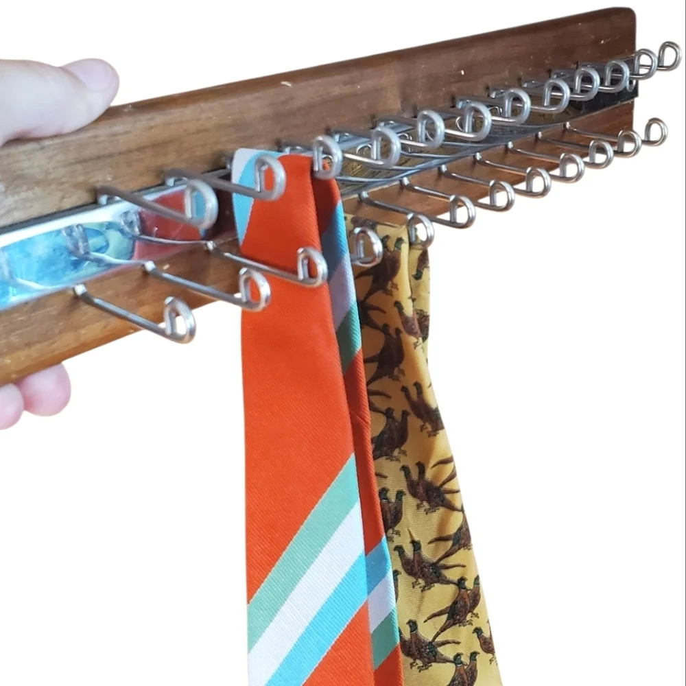 Mid Century Modern Wooden Tie Rack with Foldable Metal Hooks